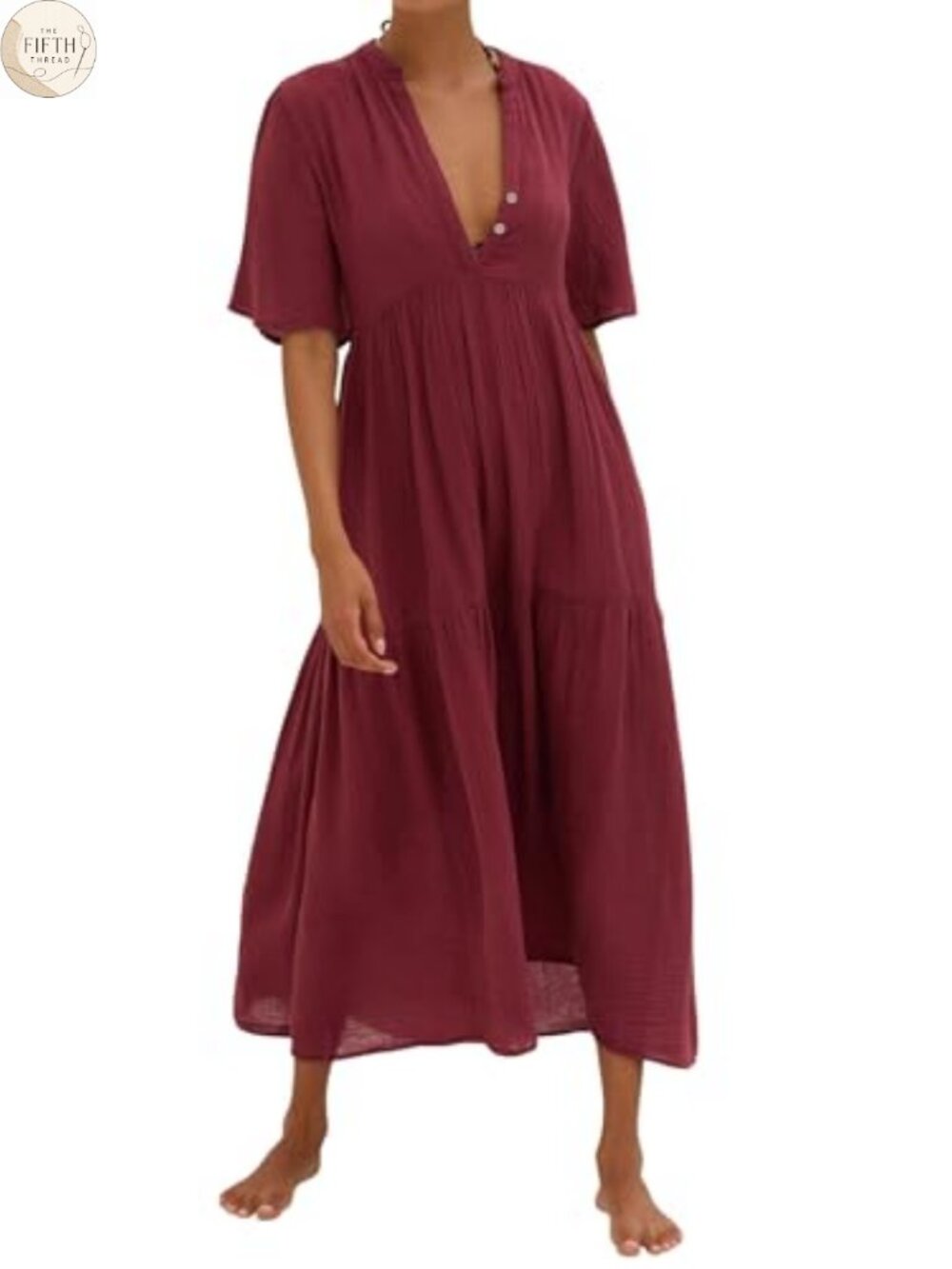 Womens Cotton Flowy Maxi Dress Short Sleeve V-Neck Tiered Ruffle Summer